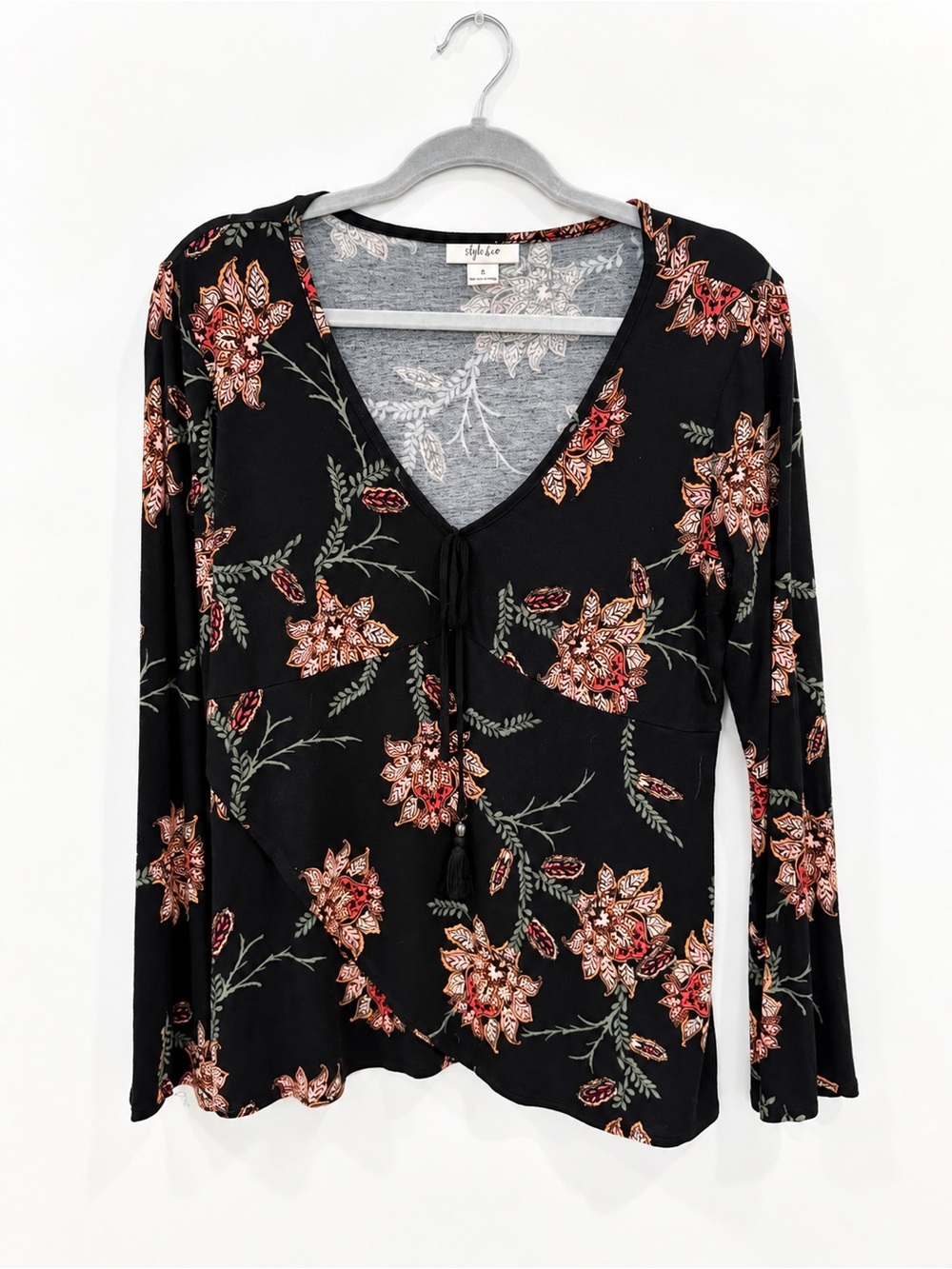 Style & Co Black Floral Boho V Neck Tassel Top Size S